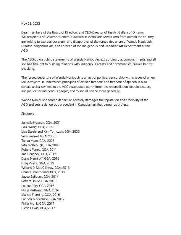 First page of Governor General Award winners protest letter regarding AGO and Indigenous Curator Wanda Nanibush dated November 28, 2023 First page of Governor General Award winners protest letter regarding AGO and Indigenous Curator Wanda Nanibush dated November 28, 2023
