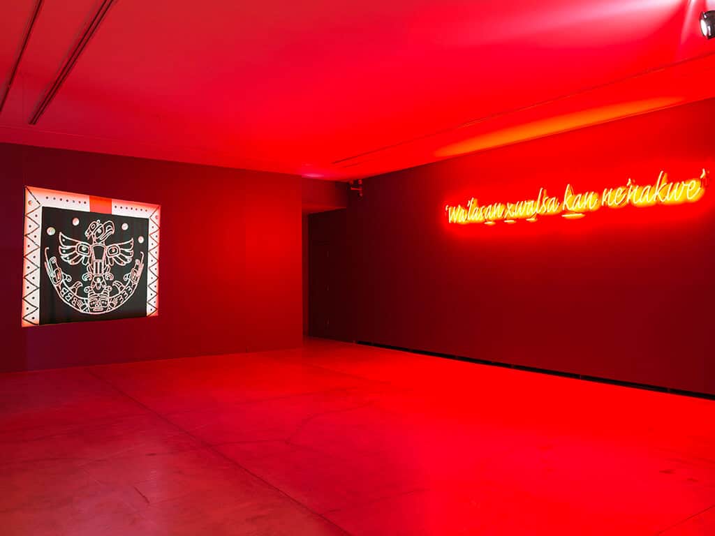 Installation view of Bracken Hanuse Corlett and Marianne Nicolson’s work in Transits and Returns