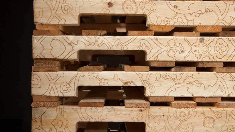 My Place is Placeless laser-etched wooden pallets 10ftx 12ftx 40in 2013 detail