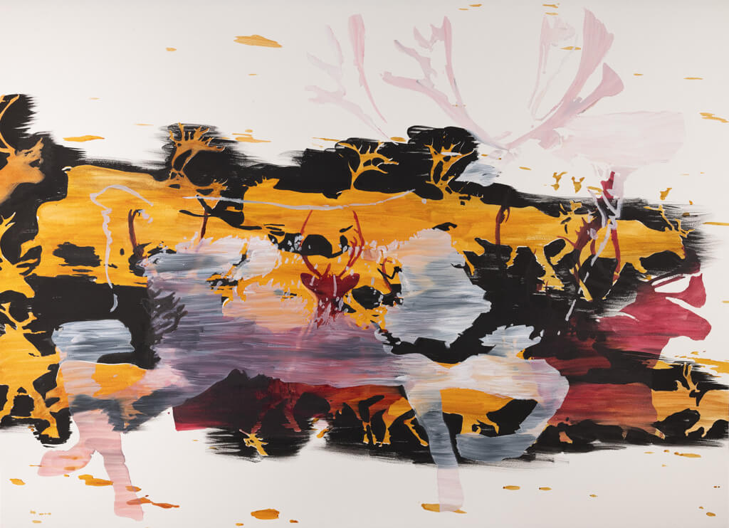 Caribou and Norther Lights - Yellow and Red