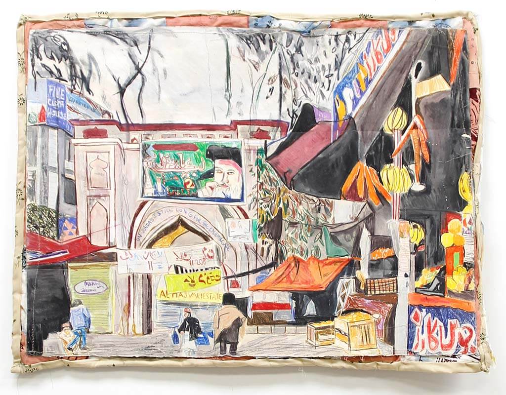 Jagdeep Raina, On Sunday I Went To The Kashmir Gate, 2021, mixed media on paper, sewn fabric quilt, 24.5 x 30 in.. Courtesy of the artist and Cooper Cole, Toronto.