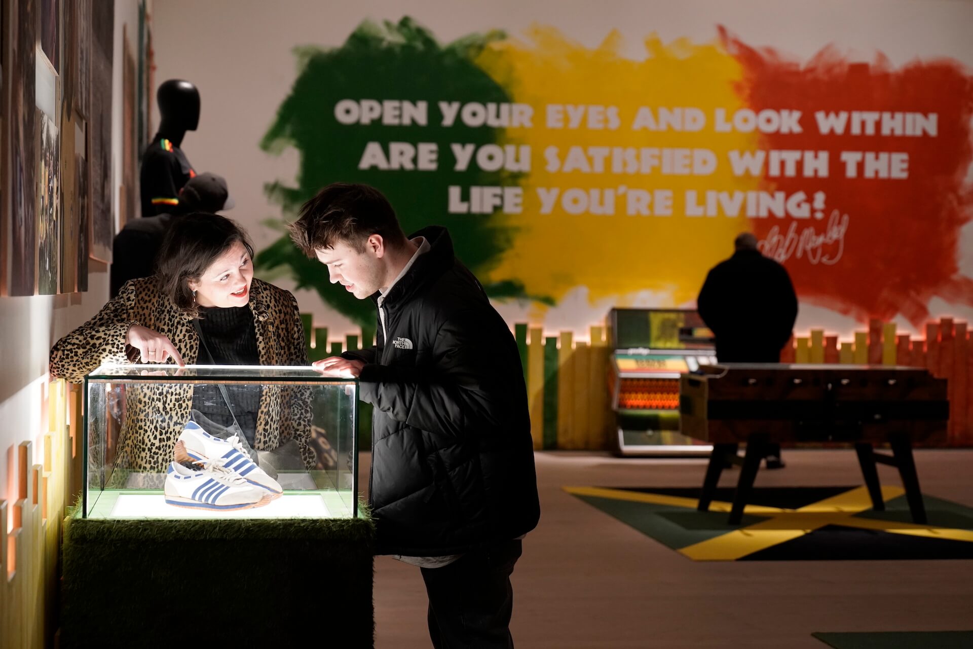 Bob Marley's personal shoes from the 1970s still with dirt on the soles. Donated by daughter, Cedella Marley (manufacturer unknown). Credit Alex