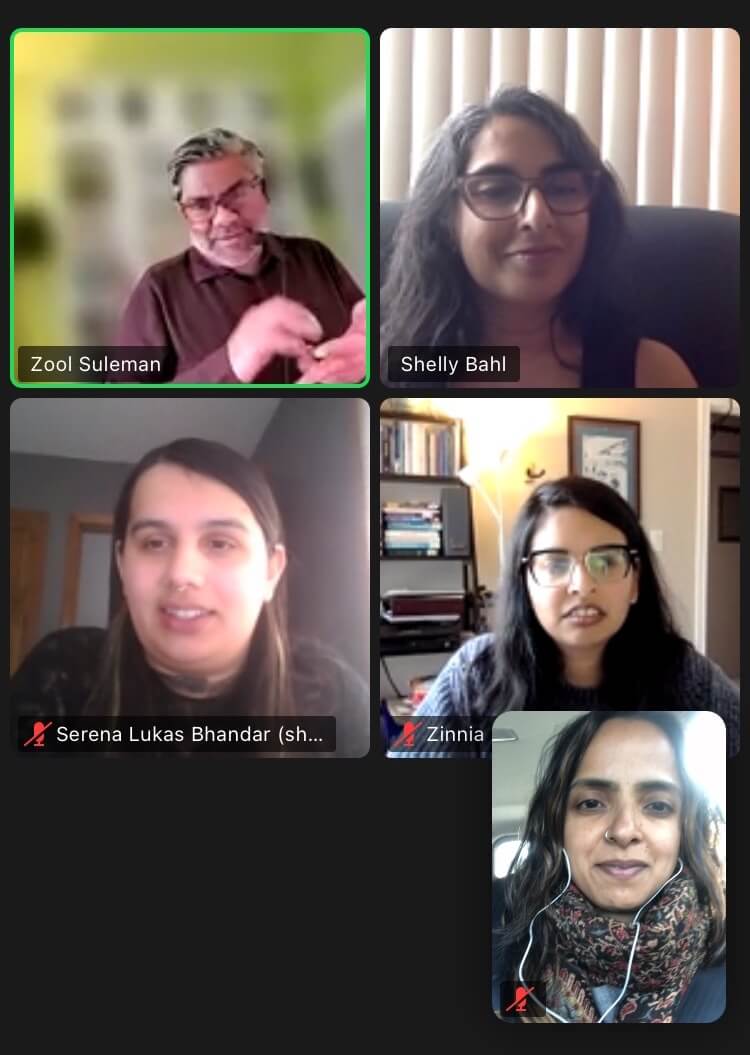 Screen shot by Farheen Haq. Rungh Archive Creation Residency (virtual) with Serena Lukas Bhandar, Shelly Bahl, Zinnia Naqvi, Farheen Haq, and Zool Suleman. March 17, 2023.