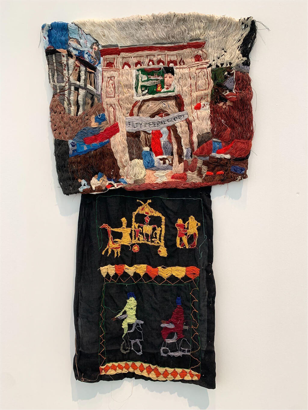 Figure 2. Raina, Jagdeep. Filthy Imperial Glory. 2021. Andan embroidered tapestry. Libby Leshgold Gallery, Vancouver.