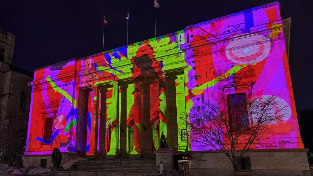 Nalini Malani (born in 1946), Ballad of a Woman, 2023, video projected on the facade of the MMFA’s Michal and Renata Hornstein Pavilion, 4 min 58 s (looped). © Nalini Malani. Photo MMFA, Jean-François Brière.