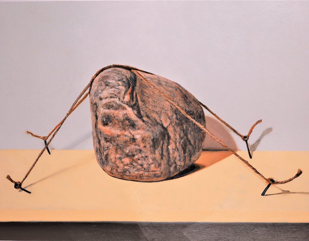 David Garneau “Civilized Stone,” acrylic on panel, 46 x 61 cm, 2021