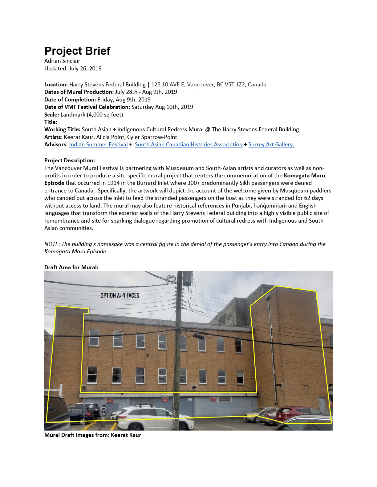 Project Brief: Adrian Sinclair - South Asian + Indigenous Cultural Redress Mural @ The Harry Stevens Federal Building page 1